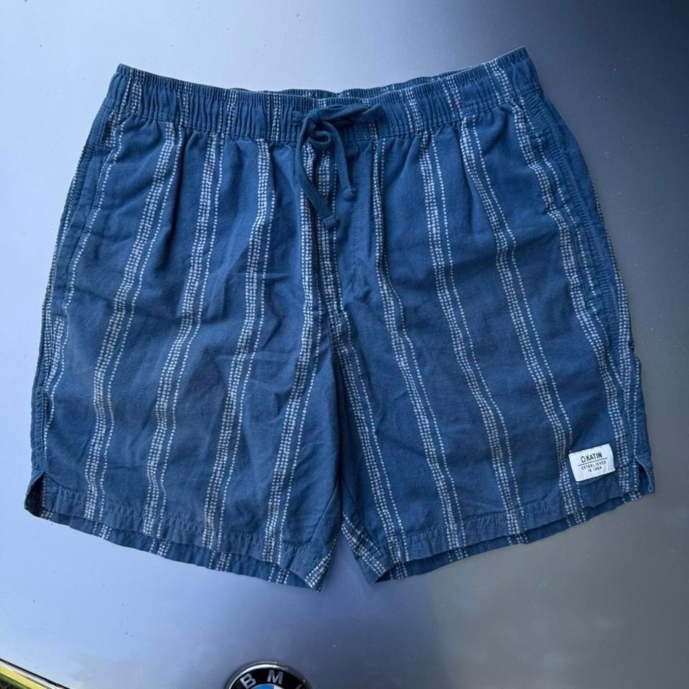 Katin Surf Cotton Linen Blend Blue and white striped swim shorts